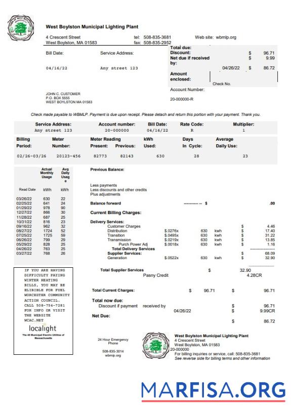 Downloadable USA West Boylston utility bill template in Word and PDF format